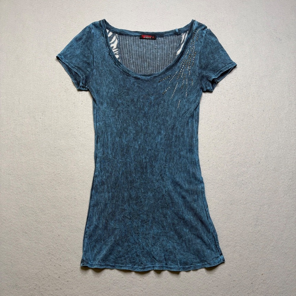 T Party Top Women Medium Blue Zebra Print Rhinestone Embellished Y2K Vintage